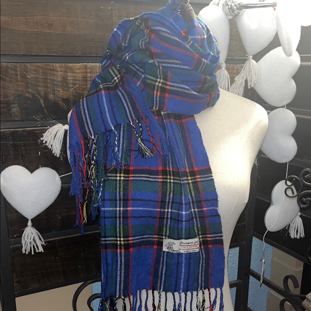 Blue Tartan Plaid Fringe Scarf - Cashmere Feel S139